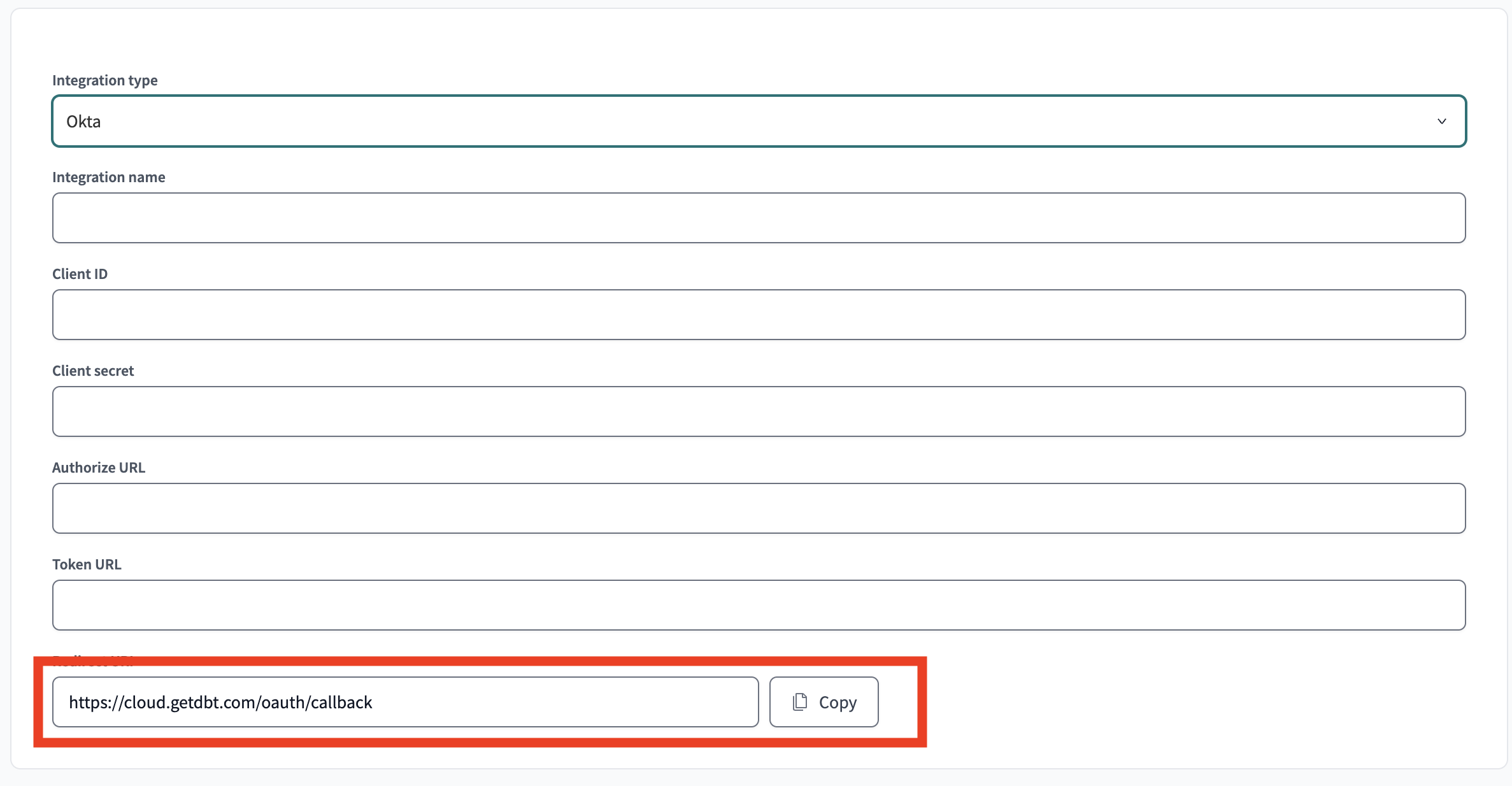 Copy the callback URI at the bottom of the integration page in dbt Cloud